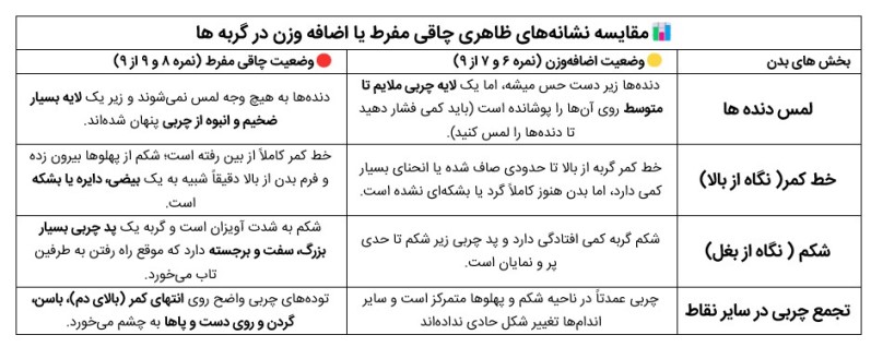 جدول مقایسه نشانه های ظاهری چاقی مفرط گربه با اضافه وزن در گربه ها
