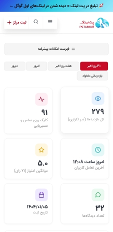 داشبورد آمار بازدید و تماس پروفایل پرو